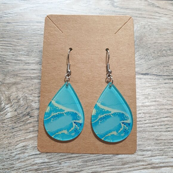 Blue Abstract Pattern Teardrop Earrings Lightweight Resin Dangle Jewelry Women - Picture 1 of 3